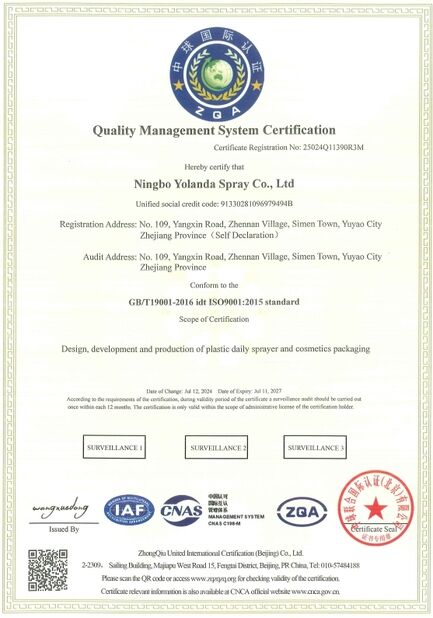 China Ningbo Yolanda Spray Co., Ltd. certificaciones